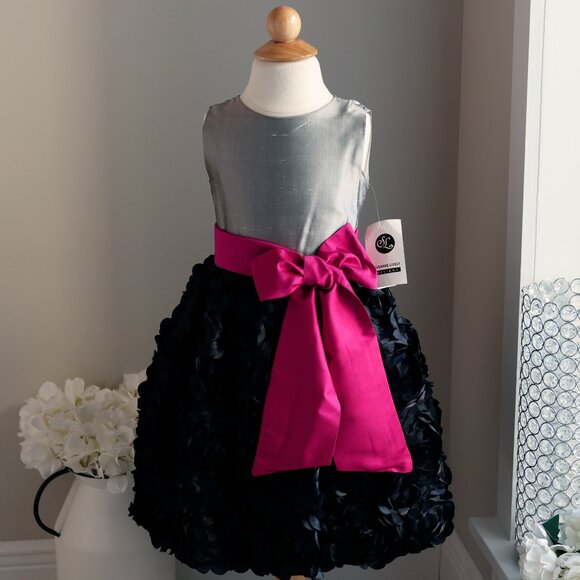 Silver Silk Dress Black Rosette Skirt Fuchsia Silk Sash Party Special Occasion - Picture 1 of 7